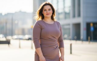 Sebavedomá plus size žena v priliehavých šatách pózuje v mäkkom dennom svetle na rozmazanom mestskom pozadí.