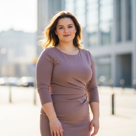 Sebavedomá plus size žena v priliehavých šatách pózuje v mäkkom dennom svetle na rozmazanom mestskom pozadí.