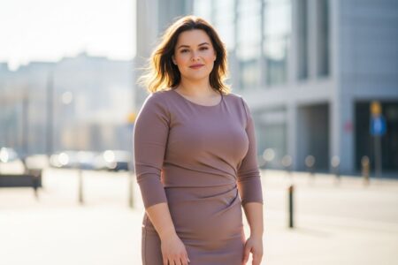 Sebavedomá plus size žena v priliehavých šatách pózuje v mäkkom dennom svetle na rozmazanom mestskom pozadí.