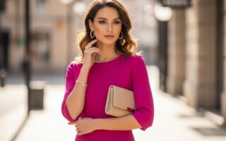 Žena v ružovom šate so zlatými náušnicami a béžovou kabelkou na mestskom pozadí.