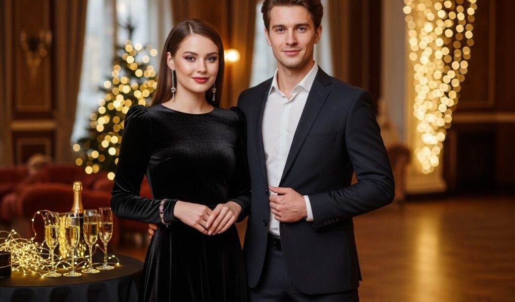 Mladý pár stojaci na oslavách Silvestra v elegantnom prostredí s teplým osvetlením a šampanským.