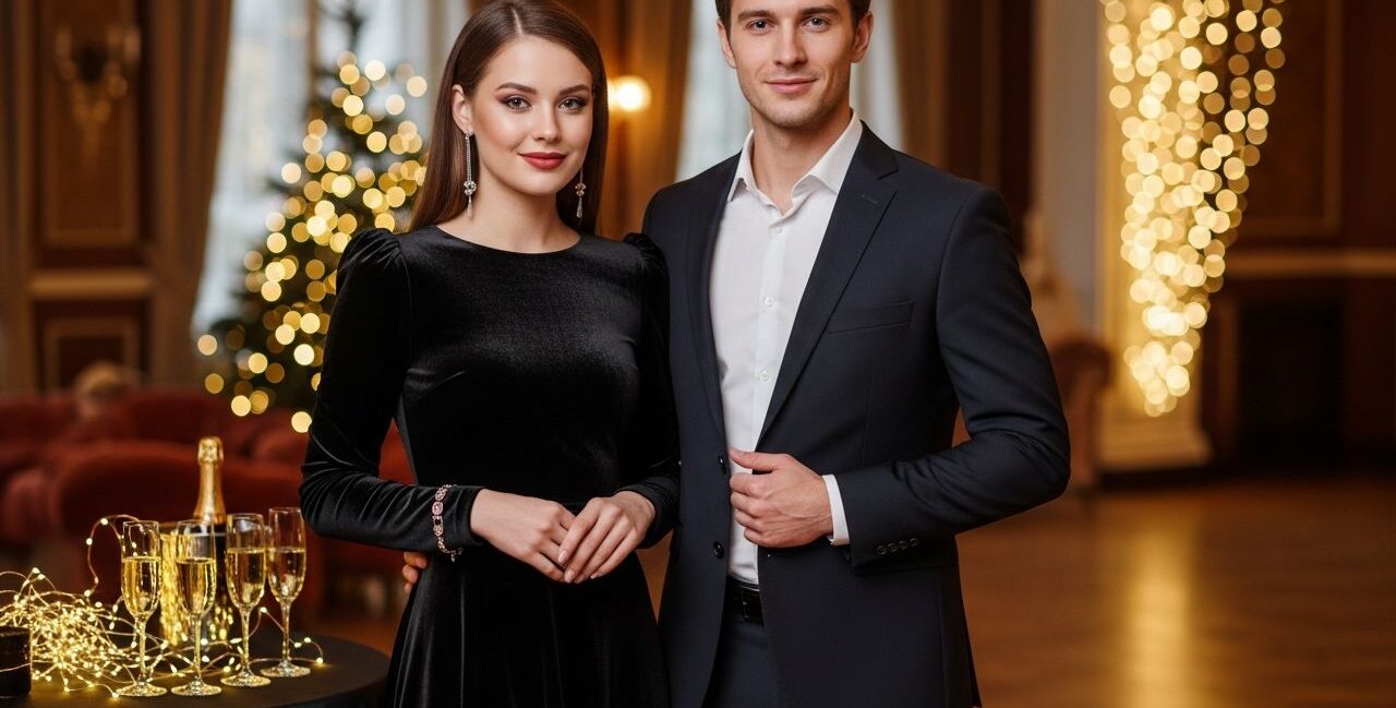 Mladý pár stojaci na oslavách Silvestra v elegantnom prostredí s teplým osvetlením a šampanským.
