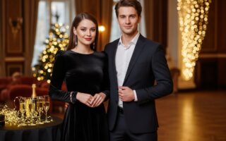 Mladý pár stojaci na oslavách Silvestra v elegantnom prostredí s teplým osvetlením a šampanským.