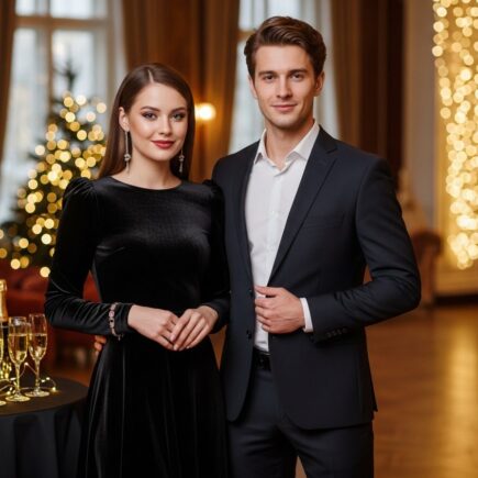 Mladý pár stojaci na oslavách Silvestra v elegantnom prostredí s teplým osvetlením a šampanským.