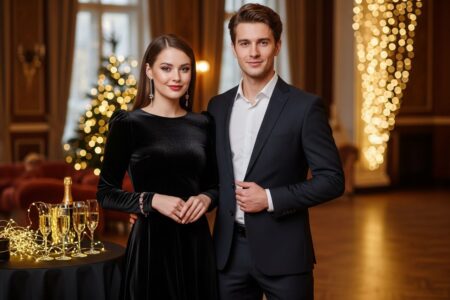 Mladý pár stojaci na oslavách Silvestra v elegantnom prostredí s teplým osvetlením a šampanským.