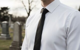 Biela košeľa na pohrebe, pozadie cintorín, tlmené svetlo, úcta a smútok