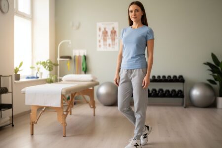 Osoba v pohodlnom oblečení stojí v modernom fyzioterapeutickom centre pri vybavení.