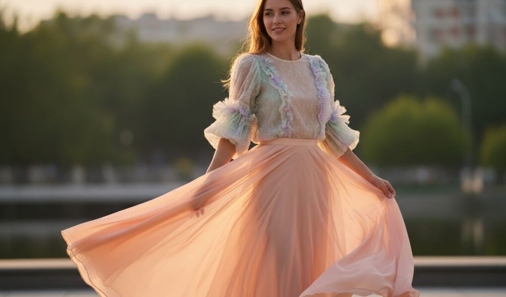 elegantná žena v pastelovej blúzke a dlhej sukni na prírodnom pozadí počas zlatej hodiny