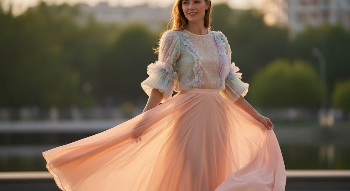 elegantná žena v pastelovej blúzke a dlhej sukni na prírodnom pozadí počas zlatej hodiny