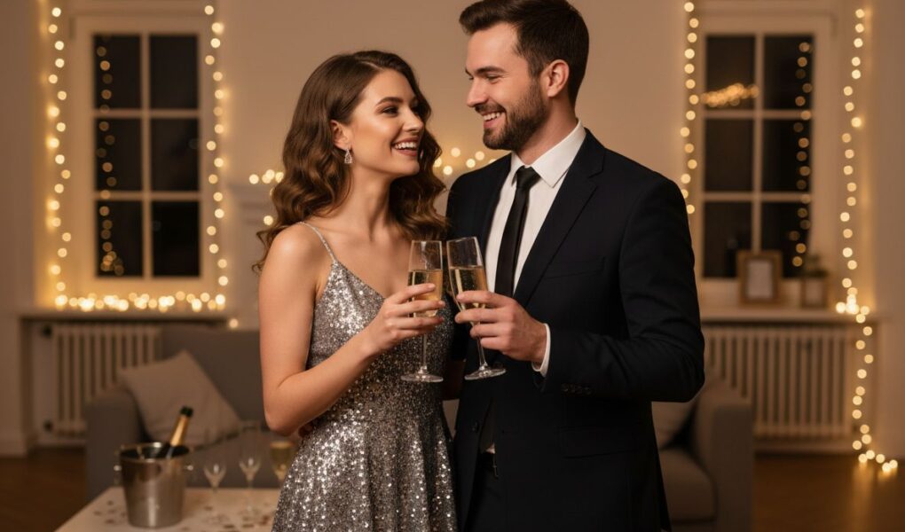 Mladý pár v elegantnom oblečení drží poháre šampanského na Silvestrovskej oslave v útulnej miestnosti.
