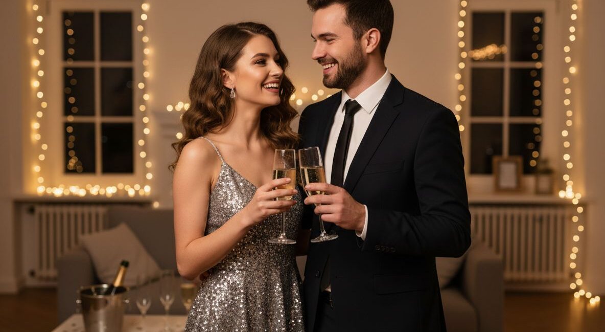 Mladý pár v elegantnom oblečení drží poháre šampanského na Silvestrovskej oslave v útulnej miestnosti.